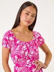 Roman Pink Petite Floral Print Frill Ruched Dress - Image 4 of 5