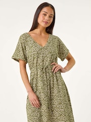 Roman Green Petite Disty Floral Print Tie Waist 100% Cotton Dress - Image 1 of 5