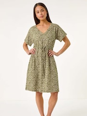 Roman Green Petite Disty Floral Print Tie Waist 100% Cotton Dress - Image 2 of 5
