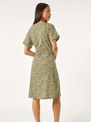 Roman Green Petite Disty Floral Print Tie Waist 100% Cotton Dress - Image 3 of 5