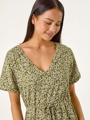 Roman Green Petite Disty Floral Print Tie Waist 100% Cotton Dress - Image 4 of 5