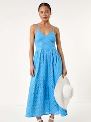 Roman Blue Petite Broderie Strappy 100% Cotton Maxi Dress - Image 1 of 5