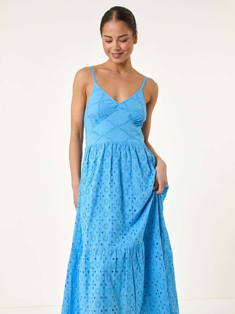 Roman Blue Petite Broderie Strappy 100% Cotton Maxi Dress - Image 2 of 5
