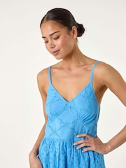Roman Blue Petite Broderie Strappy 100% Cotton Maxi Dress - Image 4 of 5