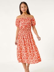 Roman Orange Petite Ditsy Bardot Midi Dress - Image 1 of 5