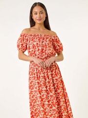 Roman Orange Petite Ditsy Bardot Midi Dress - Image 2 of 5