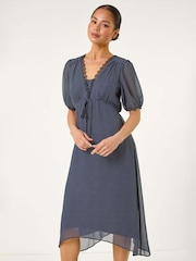 Roman Blue Petite Spot Print Lace Bow Midi Dress - Image 1 of 5