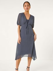 Roman Blue Petite Spot Print Lace Bow Midi Dress - Image 2 of 5