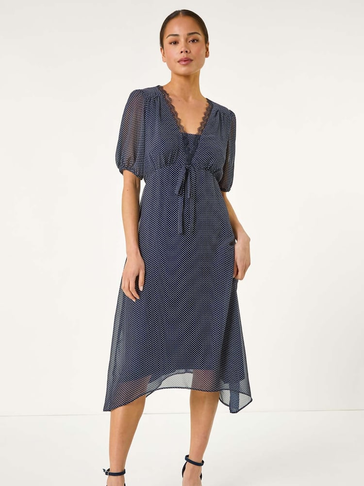 Roman Blue Petite Spot Print Lace Bow Midi Dress - Image 2 of 5