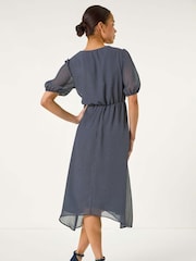 Roman Blue Petite Spot Print Lace Bow Midi Dress - Image 3 of 5