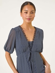 Roman Blue Petite Spot Print Lace Bow Midi Dress - Image 4 of 5