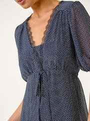 Roman Blue Petite Spot Print Lace Bow Midi Dress - Image 5 of 5