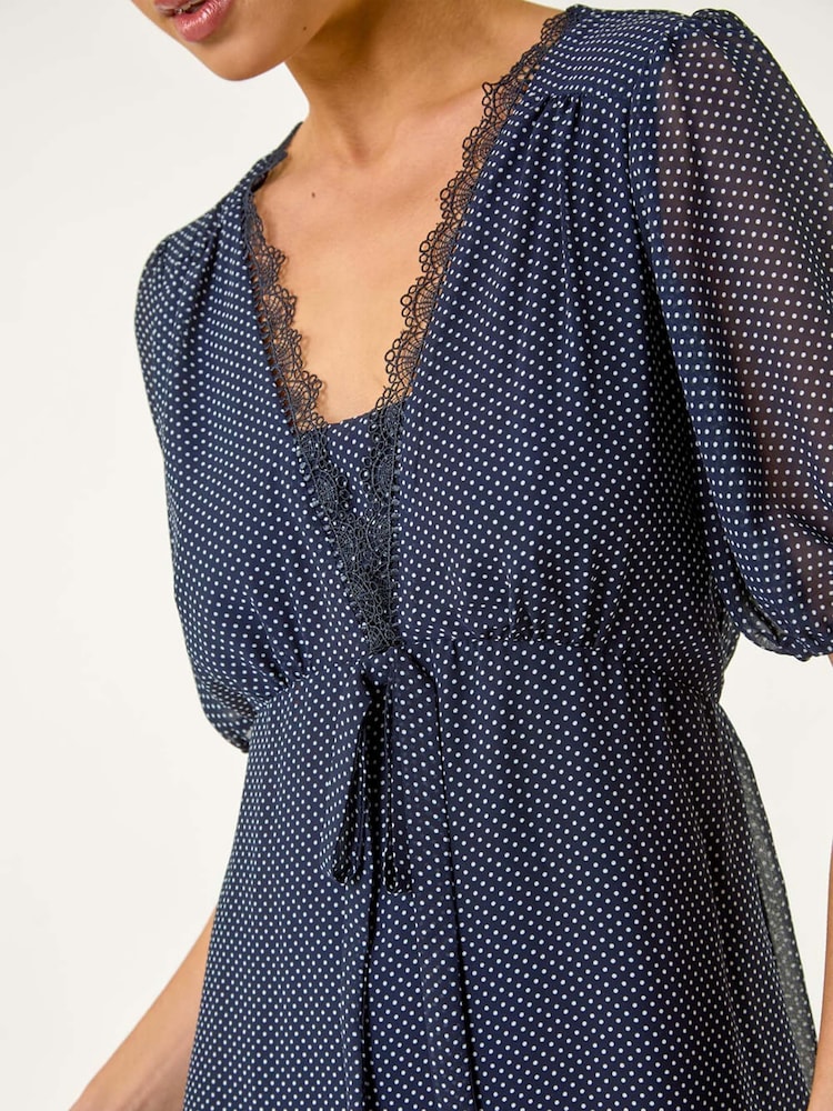 Roman Blue Petite Spot Print Lace Bow Midi Dress - Image 5 of 5