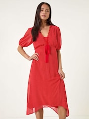 Roman Red Petite Spot Print Lace Bow Midi Dress - Image 1 of 5