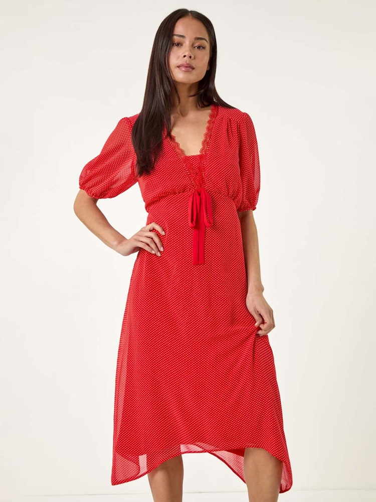 Roman Red Petite Spot Print Lace Bow Midi Dress - Image 1 of 5