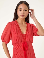 Roman Red Petite Spot Print Lace Bow Midi Dress - Image 4 of 5