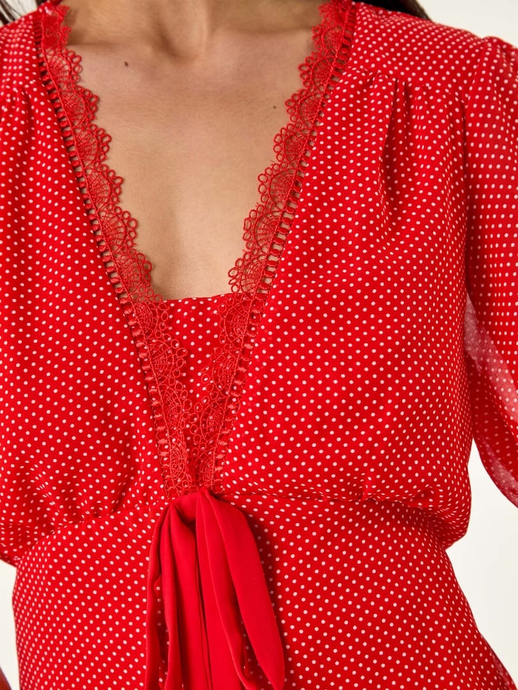 Roman Red Petite Spot Print Lace Bow Midi Dress - Image 5 of 5