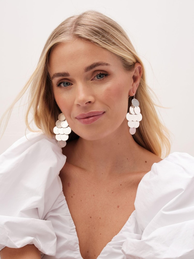 Mood Silver Tone Matte Disc Tier Chanellier Earrings - Image 1 of 2