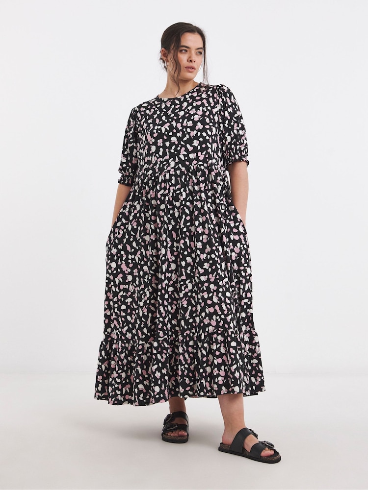 Simply Be Black Supersoft Midi Dress With Tier Detail - Image 1 of 4