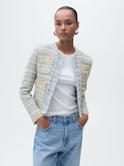 Mango Blue Frayed Tweed Jacket - Image 1 of 6