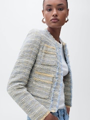 Mango Blue Frayed Tweed Jacket - Image 4 of 6