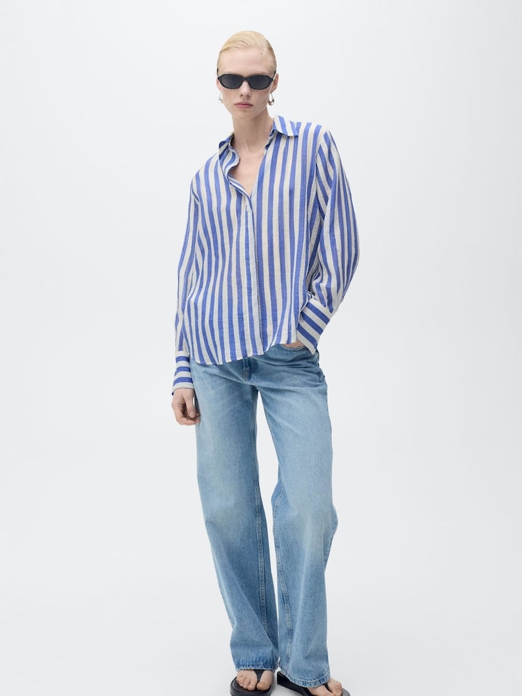 Mango Blue Long Sleeve Striped Shirt - Image 1 of 7 Mango Blue Long Sleeve Striped Shirt - Image 1 of 7