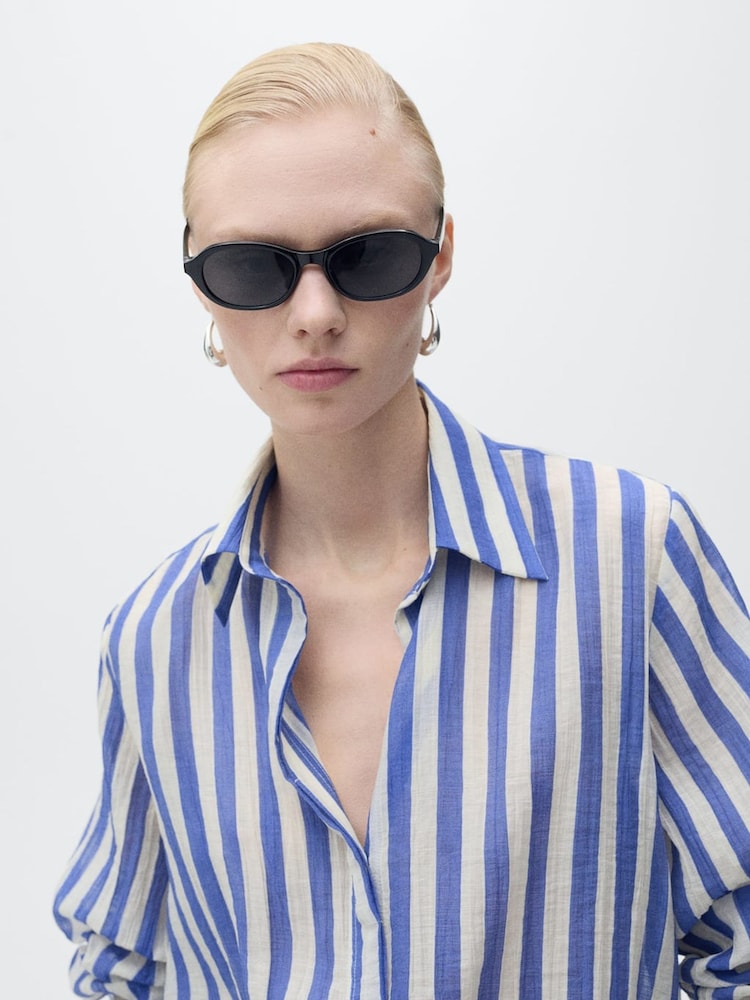 Mango Blue Long Sleeve Striped Shirt - Image 2 of 7 Mango Blue Long Sleeve Striped Shirt - Image 2 of 7