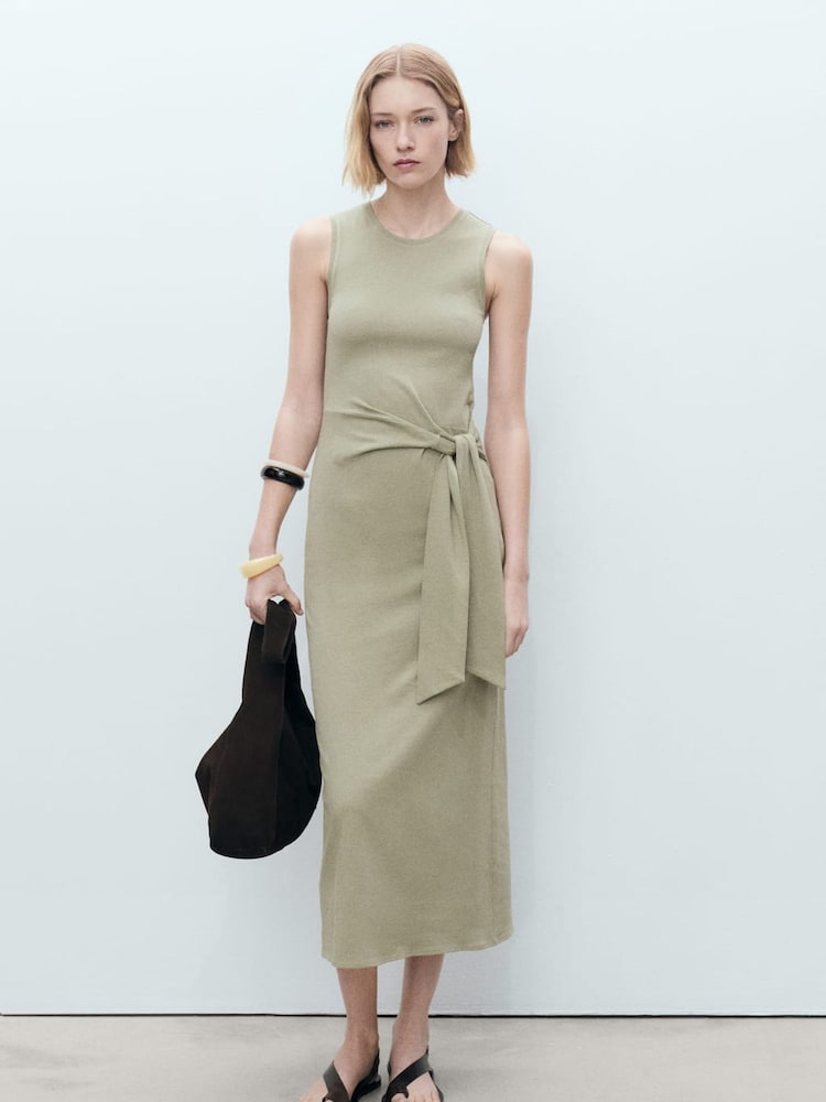 Mango Green Cotton Knot Detail Midi Dress - Image 1 of 6 Mango Green Cotton Knot Detail Midi Dress - Image 1 of 6