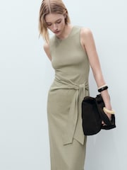 Mango Green Cotton Knot Detail Midi Dress - Image 3 of 6