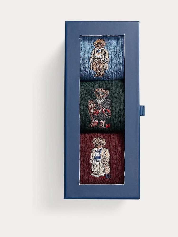 Polo Ralph Lauren Blue Bear Gift Box Crew Ankle Socks 3 Pack - Image 2 of 2 Polo Ralph Lauren Blue Bear Gift Box Crew Ankle Socks 3 Pack - Image 2 of 2