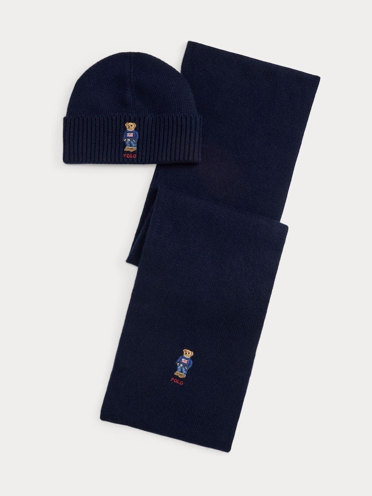 Polo Ralph Lauren Blue Polo Bear Knit Hat & Scarf Gift Box Set - Image 1 of 2