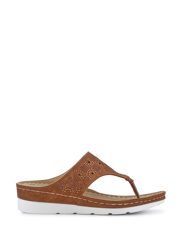 Pavers Brown Heeled Toe-Post Wedges Sandals - Image 1 of 5