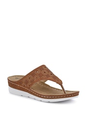 Pavers Brown Heeled Toe-Post Wedges Sandals - Image 2 of 5