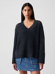 Gap Navy/Blue Cotton 24/7 Split-Hem Crochet Jumper - Image 1 of 5