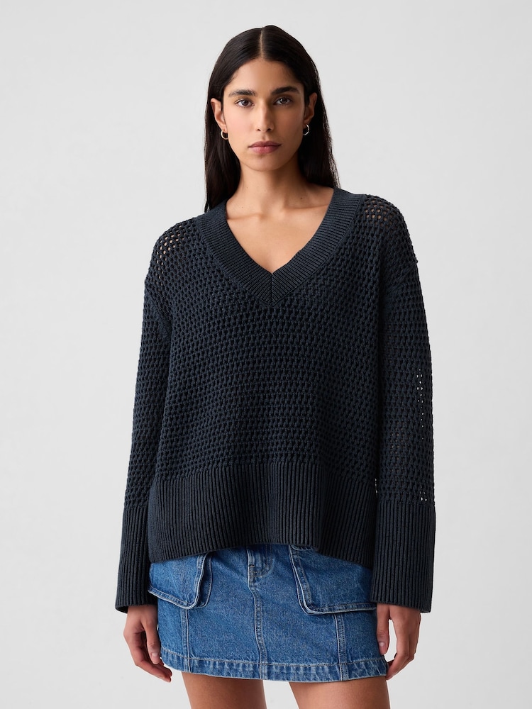Gap Navy/Blue Cotton 24/7 Split-Hem Crochet Jumper - Image 1 of 5