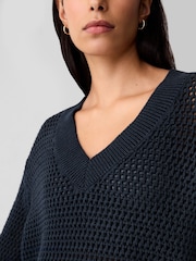 Gap Navy/Blue Cotton 24/7 Split-Hem Crochet Jumper - Image 4 of 5