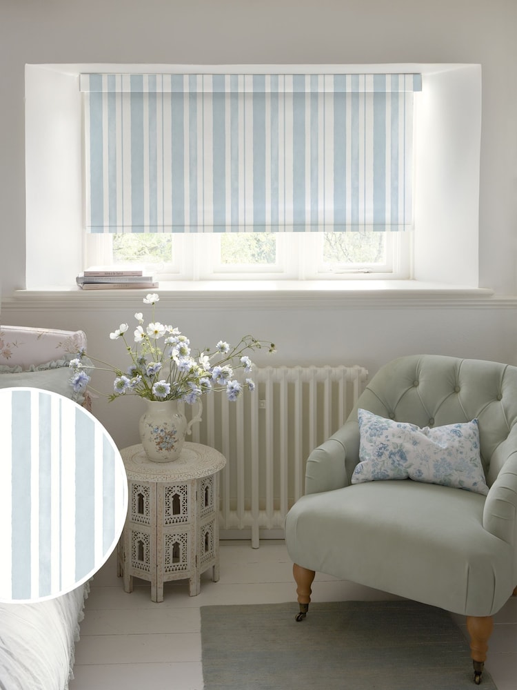 Shabby Chic by Rachel Ashwell® Pale Blue Watercolour Stripe Made to Measure Blackout Roller Blind - Image 1 of 6