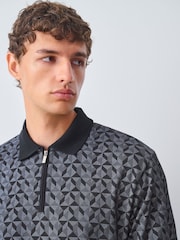 Black/Grey Geo Short Sleeve Print Polo Shirt - Image 1 of 6