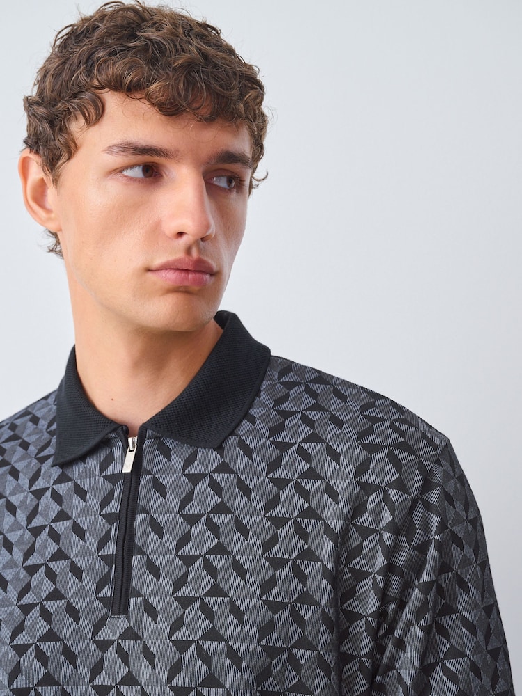Black/Grey Geo Short Sleeve Print Polo Shirt - Image 1 of 6 Black/Grey Geo Short Sleeve Print Polo Shirt - Image 1 of 6