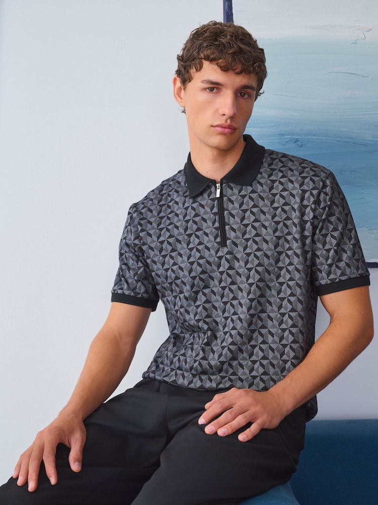 Black/Grey Geo Short Sleeve Print Polo Shirt - Image 2 of 6 Black/Grey Geo Short Sleeve Print Polo Shirt - Image 2 of 6
