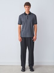 Black/Grey Geo Short Sleeve Print Polo Shirt - Image 3 of 6