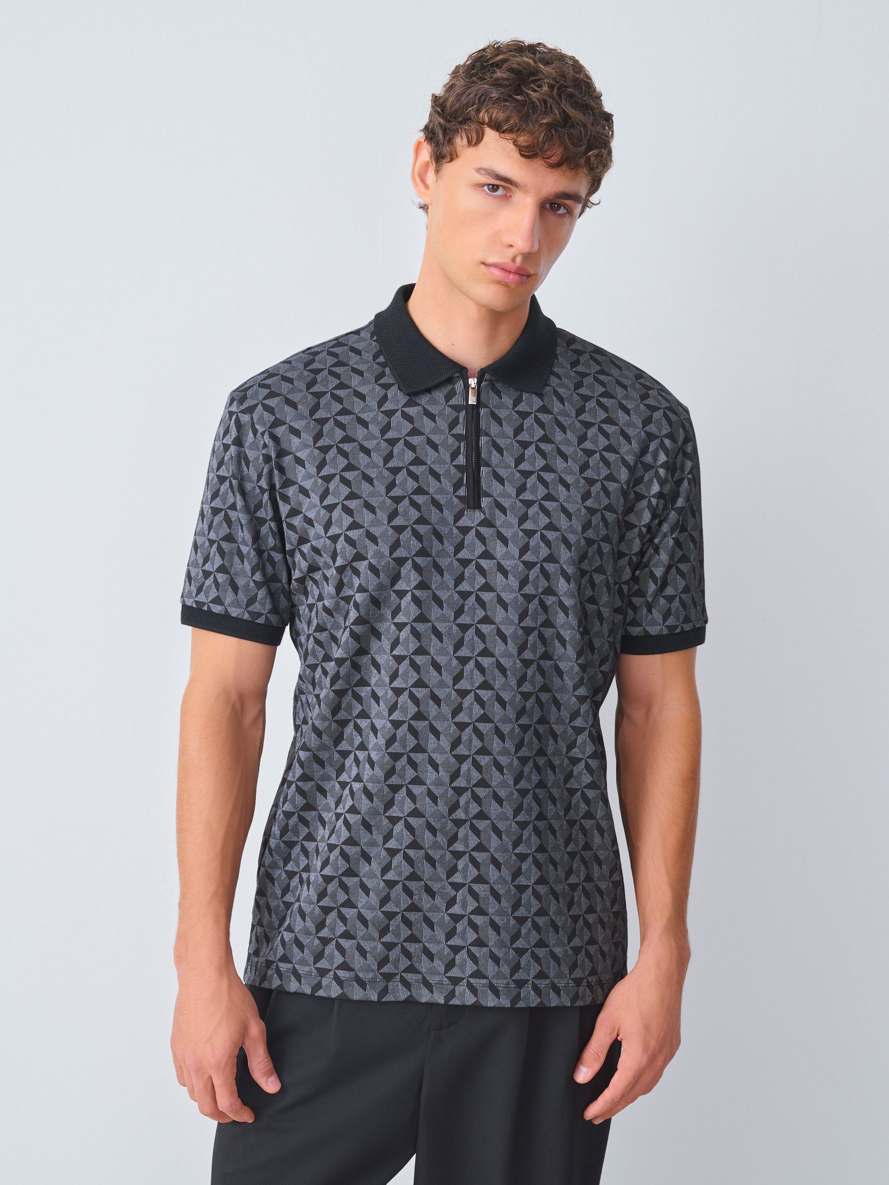 Buy Black/Grey Geo Pattern Quarter Zip Polo Shirt from Next Romania