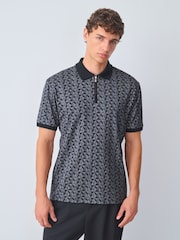 Black/Grey Geo Short Sleeve Print Polo Shirt - Image 5 of 6