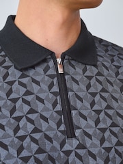 Black/Grey Geo Short Sleeve Print Polo Shirt - Image 6 of 6