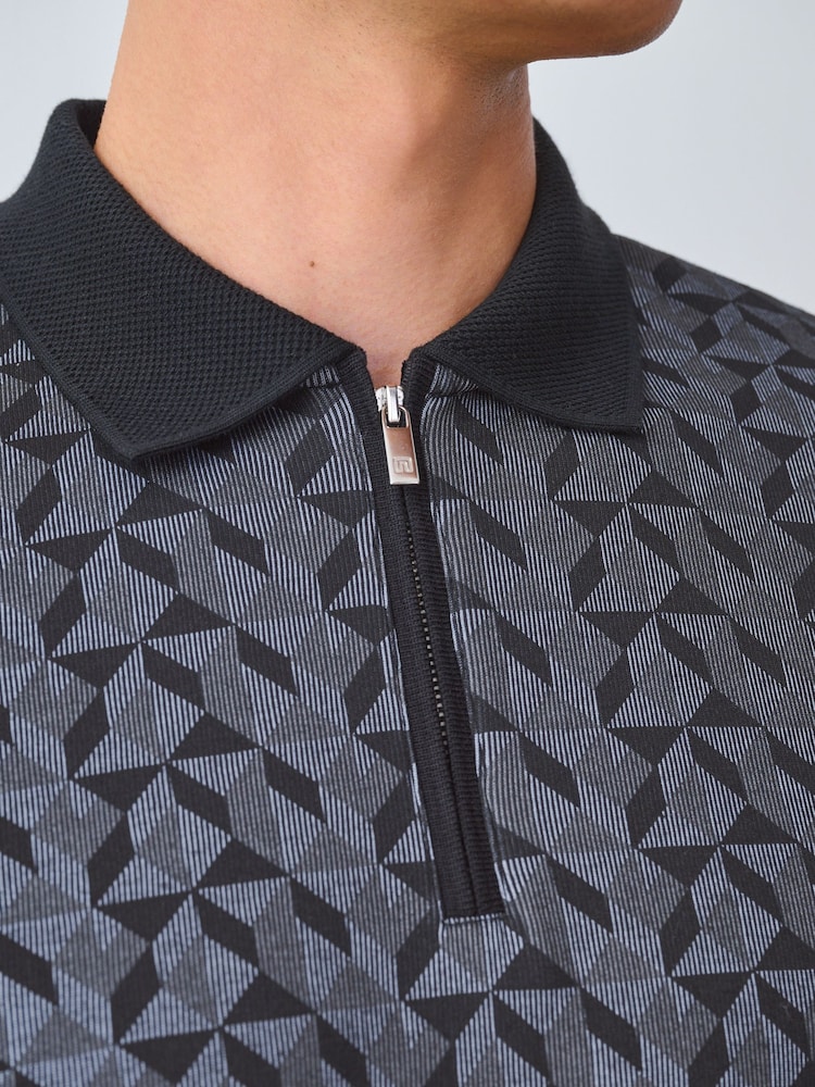 Black/Grey Geo Short Sleeve Print Polo Shirt - Image 6 of 6 Black/Grey Geo Short Sleeve Print Polo Shirt - Image 6 of 6