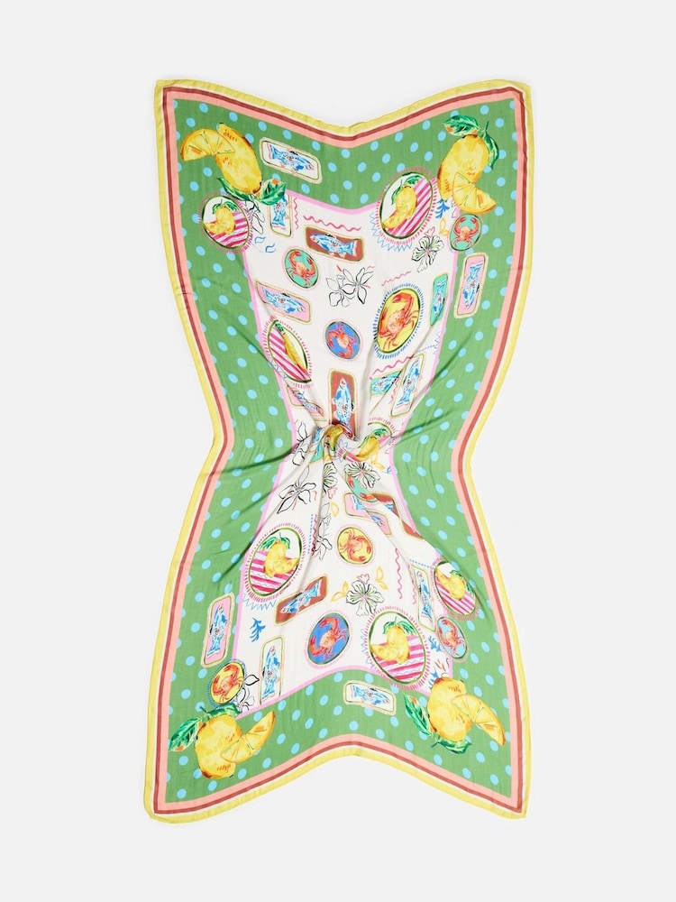 Oliver Bonas Green Summer Stamp Motifs Spot Lightweight Scarf - Image 1 of 4 Oliver Bonas Green Summer Stamp Motifs Spot Lightweight Scarf - Image 1 of 4