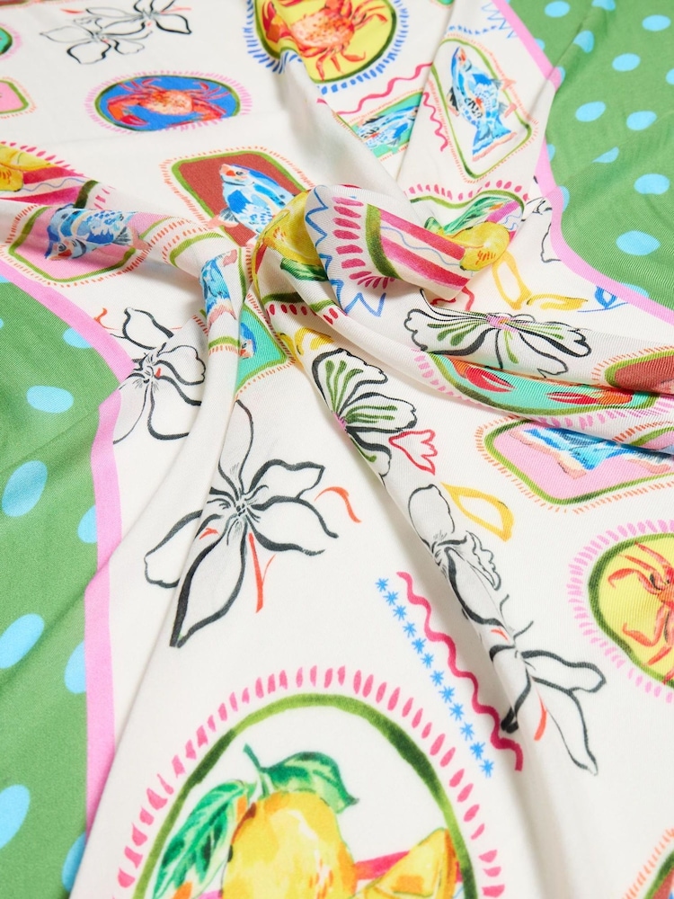 Oliver Bonas Green Summer Stamp Motifs Spot Lightweight Scarf - Image 2 of 4 Oliver Bonas Green Summer Stamp Motifs Spot Lightweight Scarf - Image 2 of 4