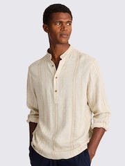 MOSS Natural Grandad Popover Linen Wide Stripe Shirt - Image 1 of 4