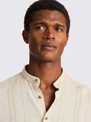 MOSS Natural Grandad Popover Linen Wide Stripe Shirt - Image 3 of 4