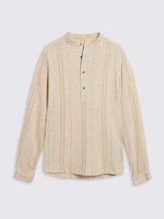 MOSS Natural Grandad Popover Linen Wide Stripe Shirt - Image 4 of 4